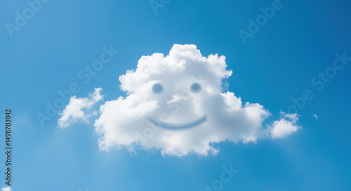 White fluffy cloud formation with smiling face against bright blue sky. Natural atmospheric phenomenon resembling happy expression. Symbol of good mood, optimism and cheerful summer day
