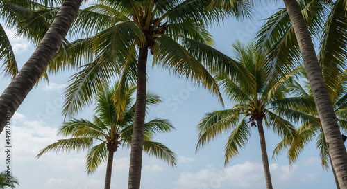 Wallpaper Mural Tall palm trees with lush green fronds against blue sky with white clouds. Summer banner for tropical resorts, beach vacations and exotic travel destinations Torontodigital.ca