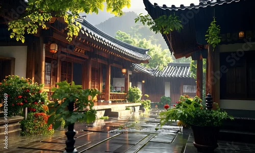 A traditional Asian building with a tiled roof and wooden structures. The courtyard is lush with greenery, illuminated by natural light during rainfall. The rain is reflected on the tiles