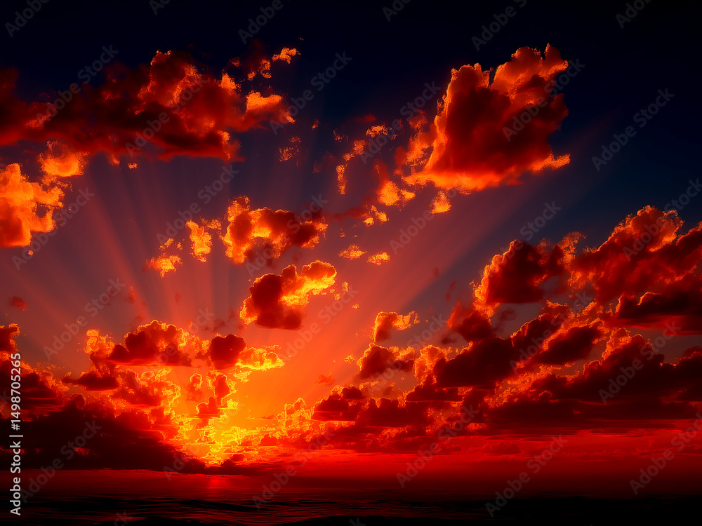 Fototapeta premium ドラマチックな夕焼け空と光芒 - オレンジ色の海の絶景背景