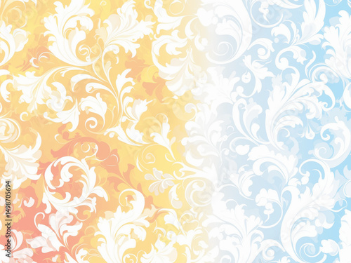 エレガントな白い植物唐草模様 - オレンジとブルーの爽やかなグラデーション背景