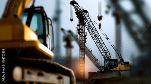 Construction equipment at a building site with cranes and excavators working on urban development and industry infrastructure