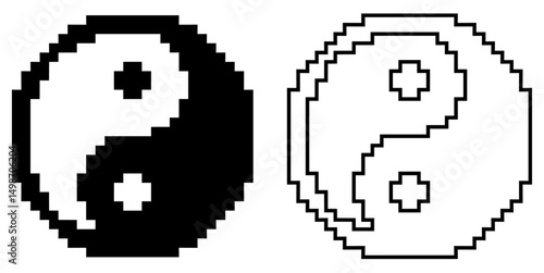 Pixel yin yang vector for harmony, balance, and philosophy concepts. Ideal for retro-themed zen UI, spiritual pixel icons, or duality symbol design projects.