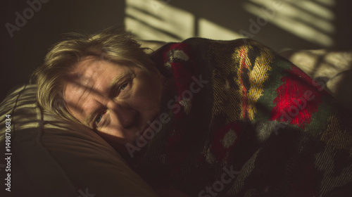Tired exhausted person resting on couch wrapped in blanket, recovering from sickness and fatigue, concept of health care, wellness and self care at home.