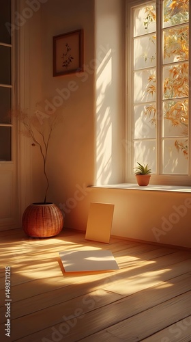 Autumn sunlit room, book, plant
