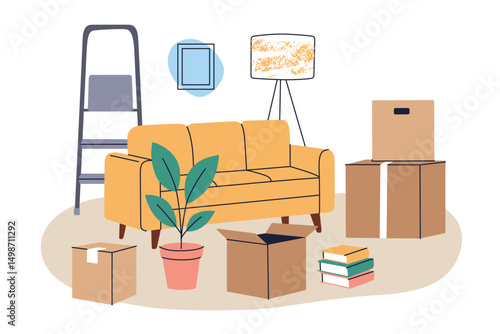 Vector illustration of moving day scene with furniture, cardboard boxes and home items. Sofa, lamp, plants and books during relocation, step ladder and scattered belongings, settling into new home
