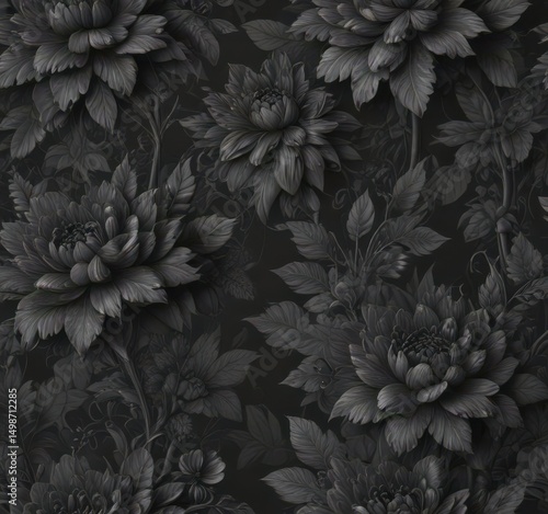 Intricate charcoal floral wallpaper, seamless pattern, grey, pattern