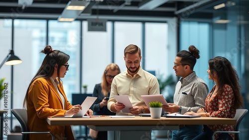 A diverse team of young professionals collaborates on paperwork du a productive meeting in a modern office environment.