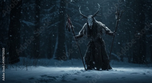 Wendigo mythical monster in scary winter forest.