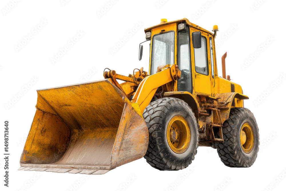 Fototapeta premium Yellow heavy construction bulldozer with front loader bucket on isolated background, cut out