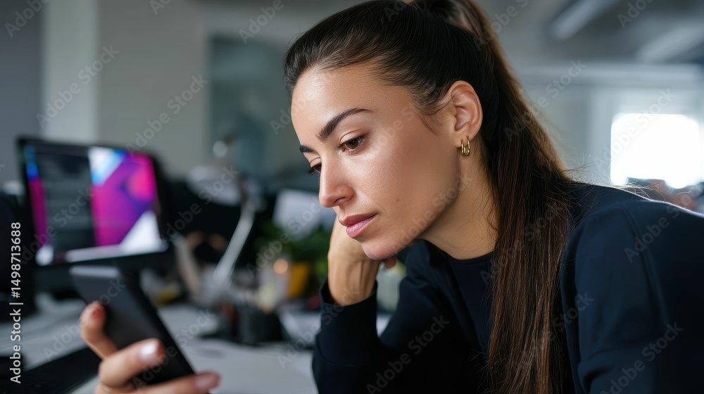 Thoughtful woman using smartphone in modern office environment, engaging with content on screen, focused expression captured Thoughtful woman using smartphone in modern office environment, engaging with content on screen, focused expression captured