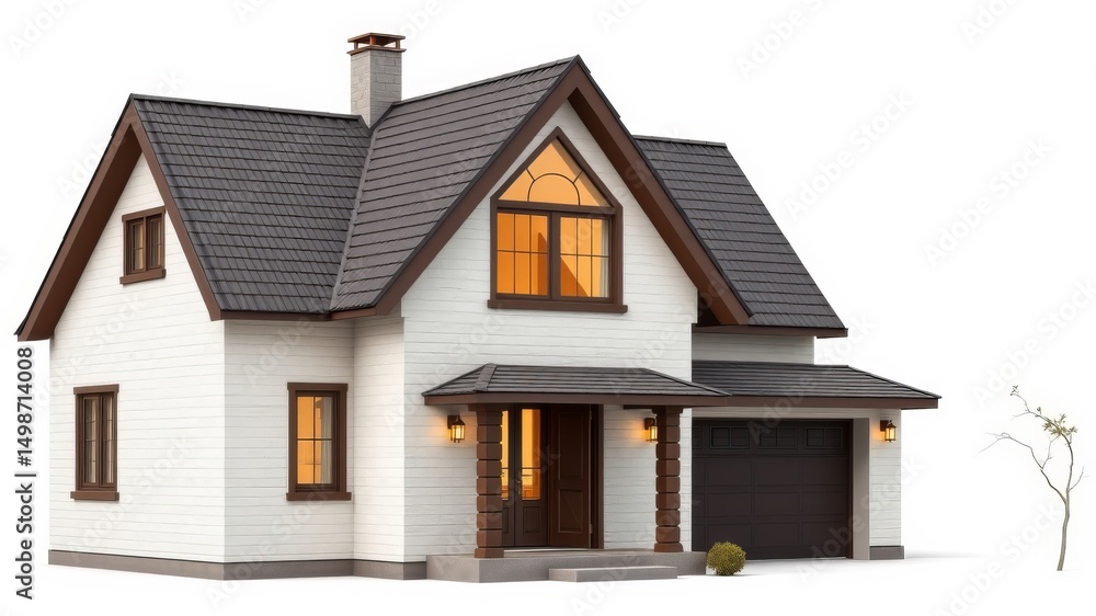 A charming two-story house with a dark gray roof and white siding sits on a white background with a small tree. A charming two-story house with a dark gray roof and white siding sits on a white background with a small tree.