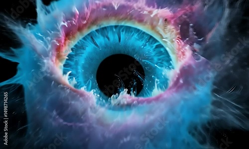 Abstract close-up of an eye, vibrant teal iris surrounded by swirling, translucent pink and white