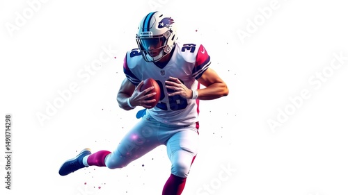 A dynamic American football player runs with the ball, showcasing power and athleticism against a white background with vibrant energy effects.