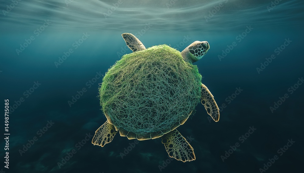 Fototapeta premium Sea Turtle Entangled in Plastic - Ocean Plastic Pollution Concept