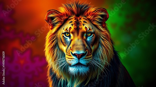 A majestic lion with vibrant multicolored mane stares intensely at the viewer against a blurred colorful background. photo
