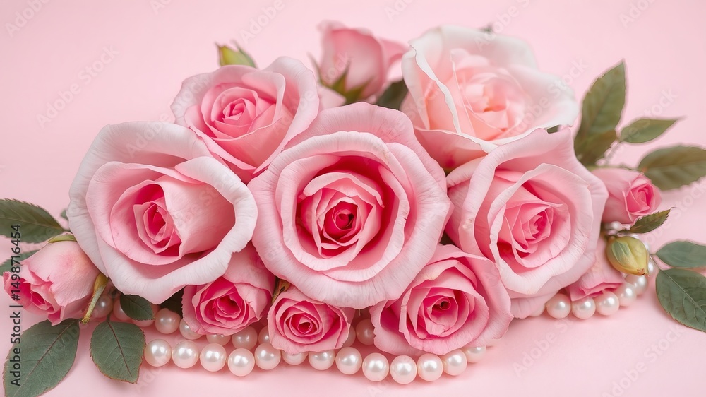 Fototapeta premium A lovely bouquet of delicate pink roses adorned with a st of lustrous pearls rests on a soft pink background.