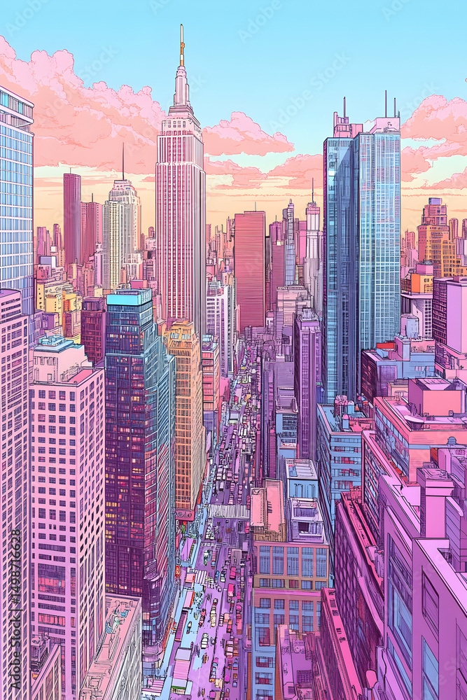 Obraz premium Pink Cityscape Skyline Buildings Illustration