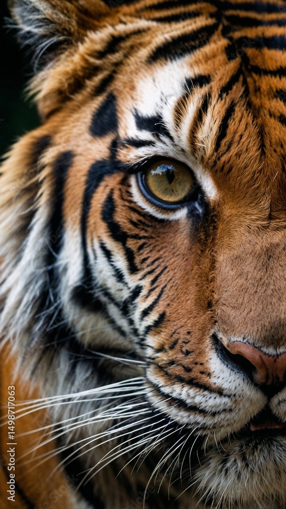 Fototapeta premium 4D Cinematic Abstract of a Tiger’s Eye – Extreme Dutch Tilt at 45°, Hyper-Real Composition with Majestic Depth | Wildlife Photography | 8k high resolution | Vivid Texture | Hyper Realistic Tiger