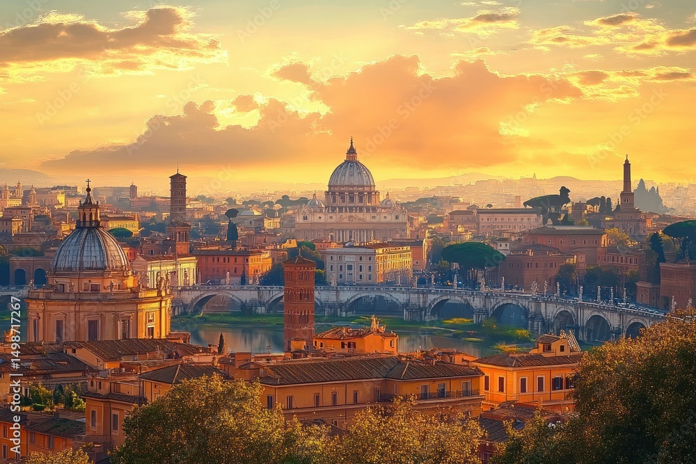 Fototapeta premium Panoramic view of a historic European city at sunset with domed churches, stone bridges over a river, old buildings, and soft golden light illuminating the scene