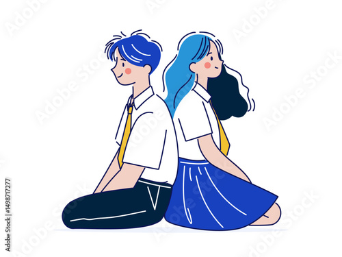 背中合わせに座る高校生カップルイラスト