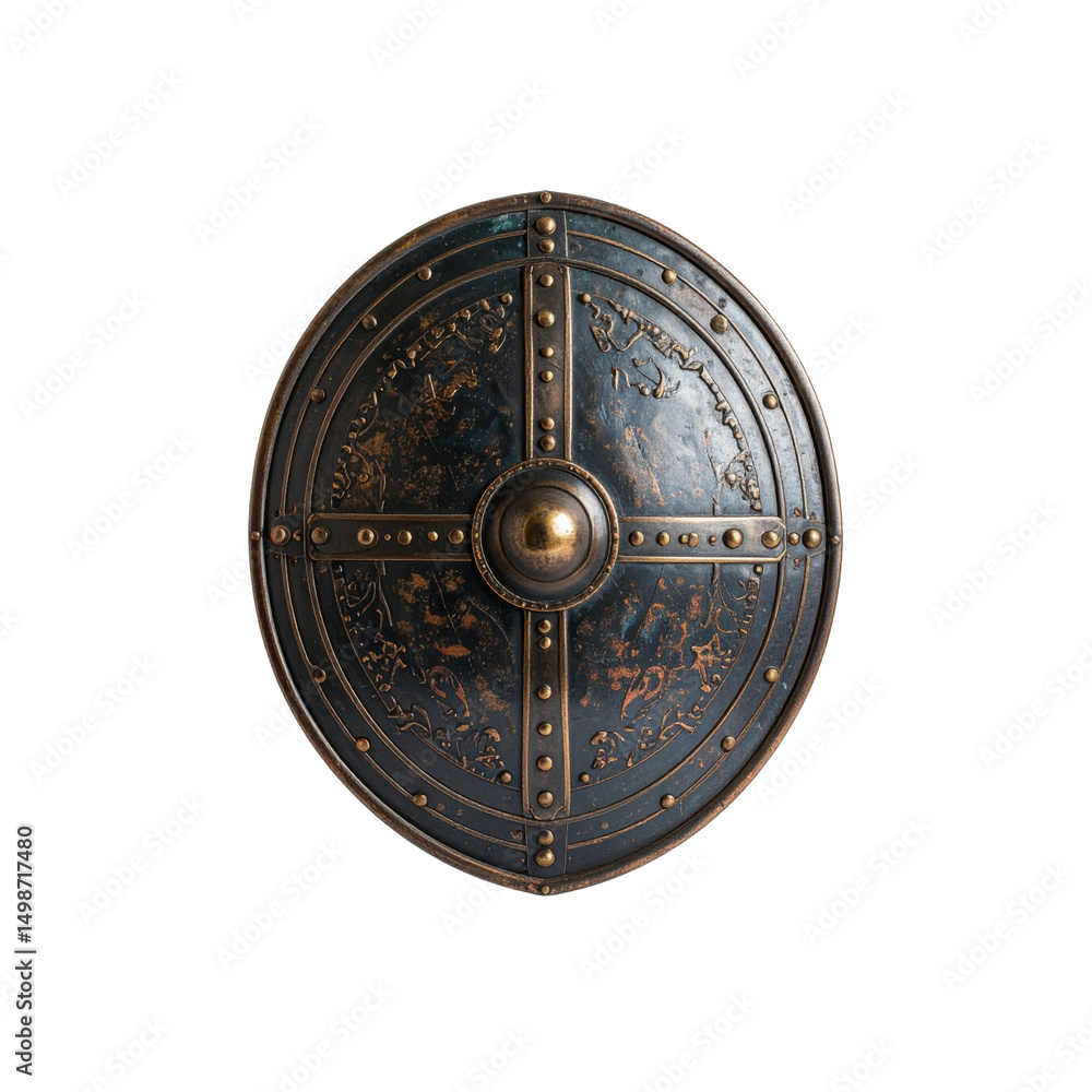 Naklejka premium Ancient bronze shield with engraved celtic design war on transparent background