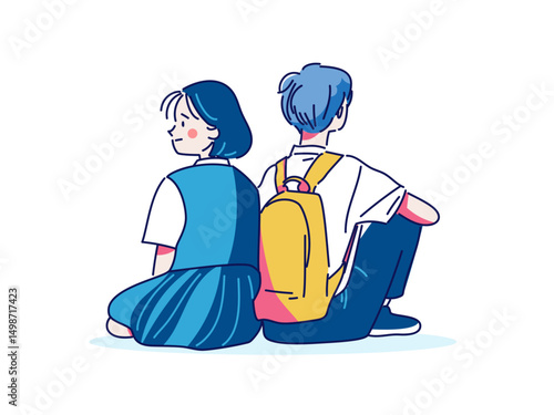 背中合わせに座る高校生カップルイラスト