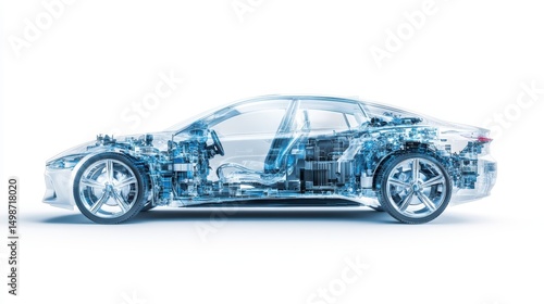 A dynamic 3D of a modern hydrogen car with semi transparent elements, showing a view of its internal