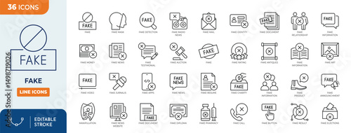 Fake line editable icon set. Contain icons related to Fake, Disinformation, hoax, and more. Editable stroke. Vector illustration