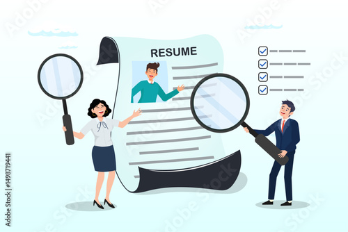 Business people HR staff review candidate resume email, review candidate resume, talent validation or scan to choose applicant on vacancy, employment or recruitment, HR human resources concept