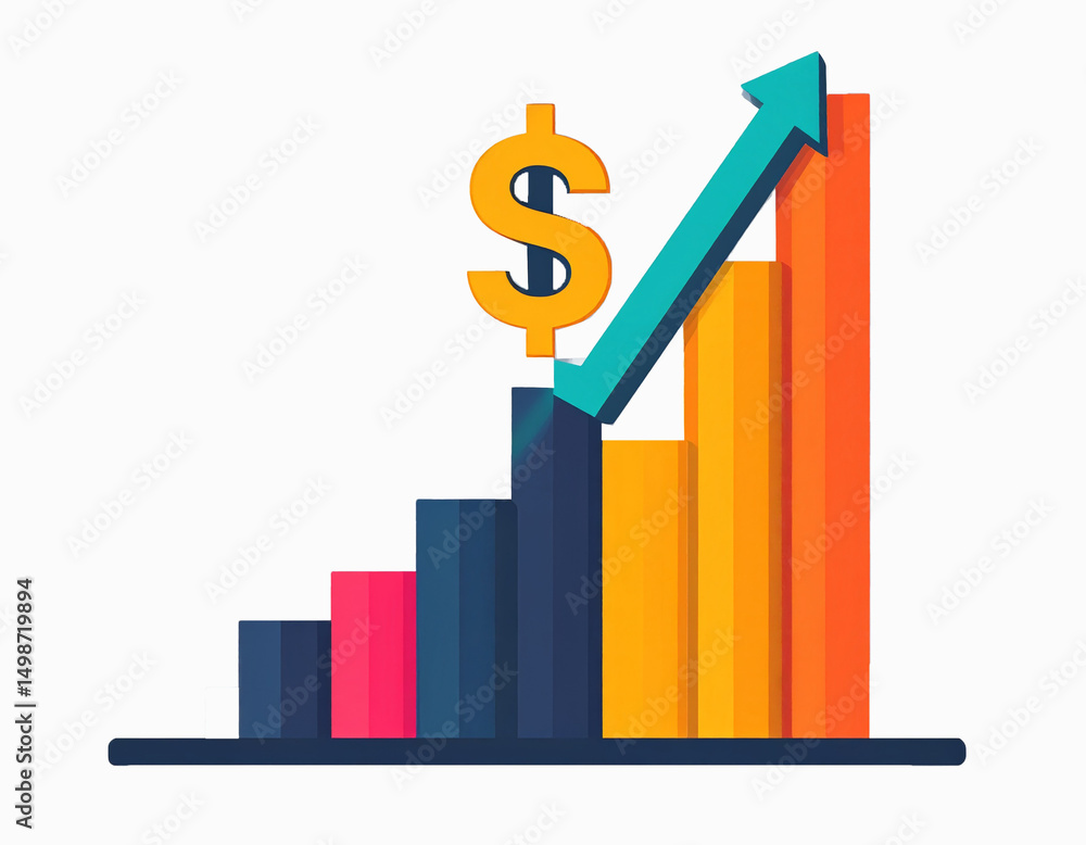 Upward trending bar chart with dollar sign, flat vector icon, transparent background, modern style, colorful, for finance or stock illustration Upward trending bar chart with dollar sign, flat vector icon, transparent background, modern style, colorful, for finance or stock illustration
