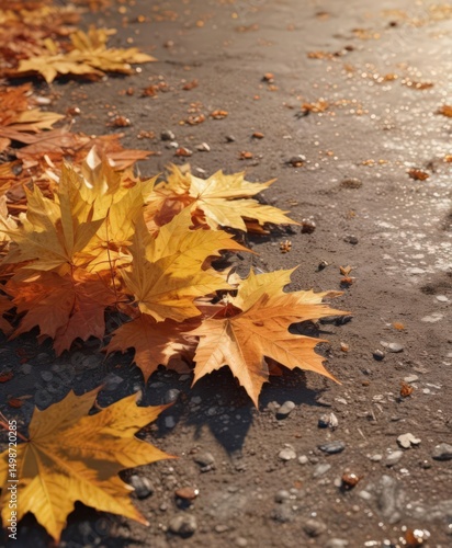Sunlit maple leaves scattered on ground, ample copy space, design, natural light, vibrant