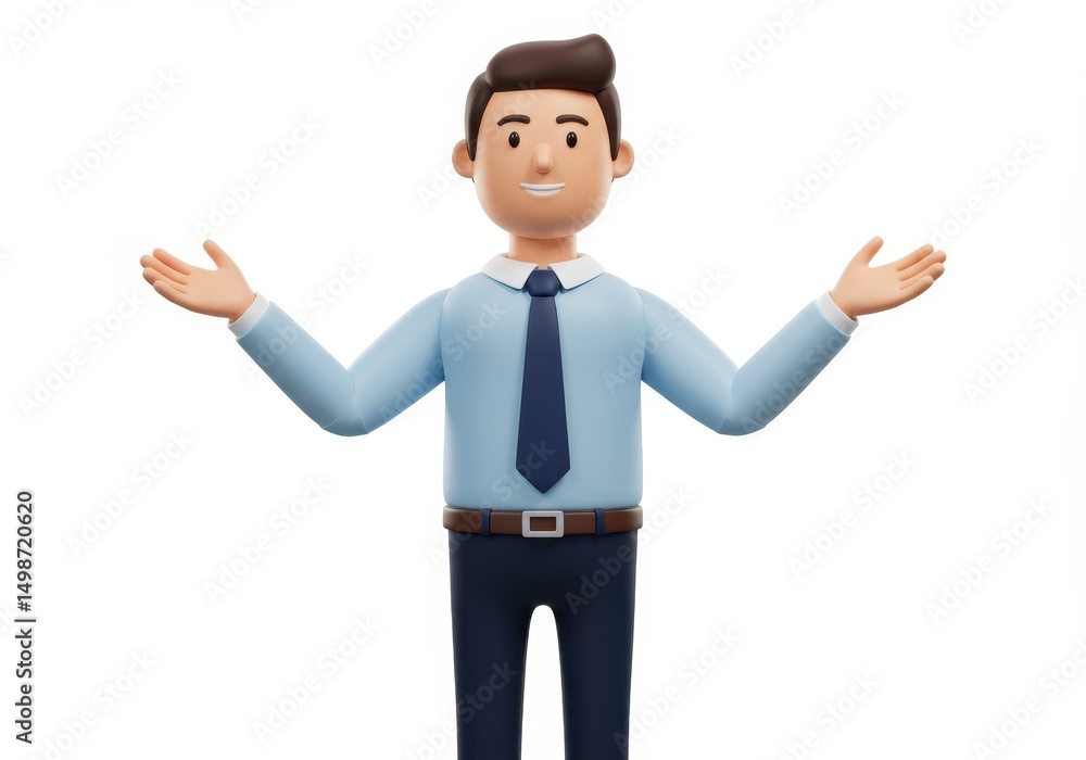 3D Illustration of 3d cartoon of a businessman with open arms wearing a shirt and tie isolated on white background ready for presentation 3D Illustration of 3d cartoon of a businessman with open arms wearing a shirt and tie isolated on white background ready for presentation
