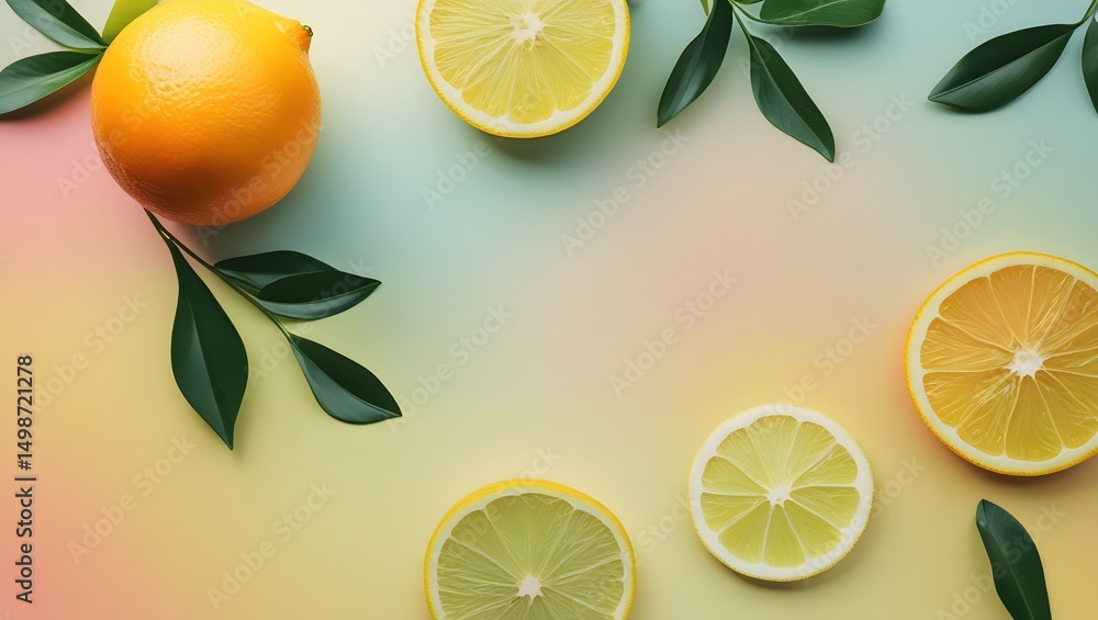Fresh lemons and leaves create a bright and colorful summer composition Fresh lemons and leaves create a bright and colorful summer composition