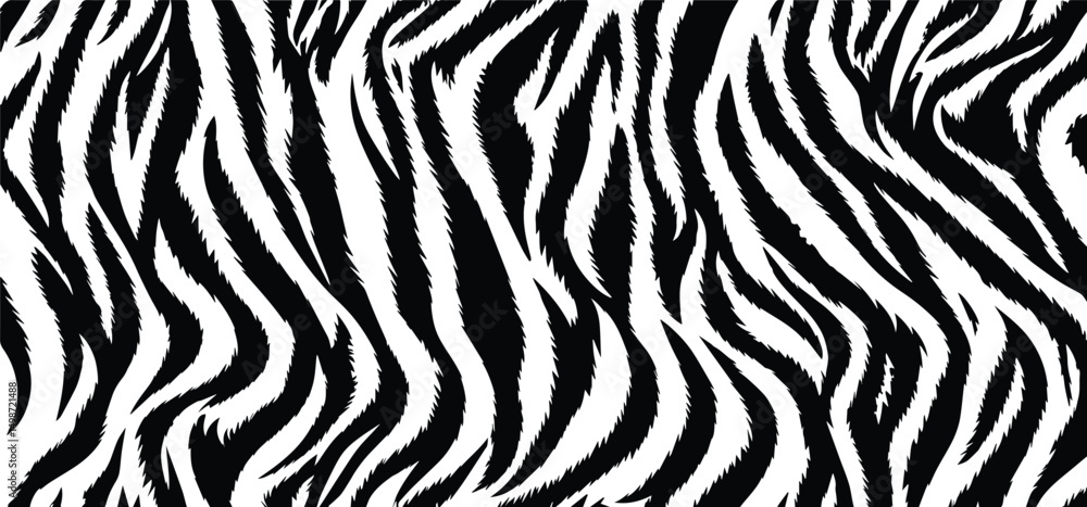 Seamless black and white tiger fur texture vector illustration. Abstract striped animal print pattern ideal for textile, fashion, background, wallpaper, or digital design. Seamless black and white tiger fur texture vector illustration. Abstract striped animal print pattern ideal for textile, fashion, background, wallpaper, or digital design.