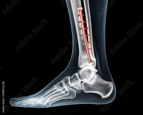 X-Ray of Lower Leg with Metal Rod and Screws for Tibia Fracture Fixation