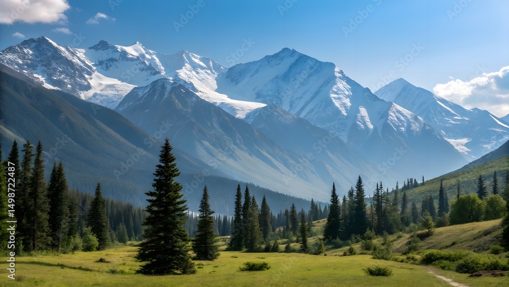 Obraz premium Majestic mountain range covered in fresh snow under a clear blue sky, capturing the essence of winter serenity. Ideal for themes of nature, adventure, and tranquility.