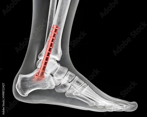 X-Ray of Lower Leg with Metal Rod and Screws for Tibia Fracture Fixation