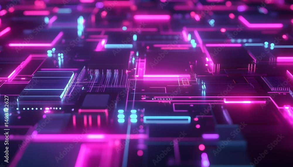 Obraz premium Abstract illustration of a circuit board design with neon lights.