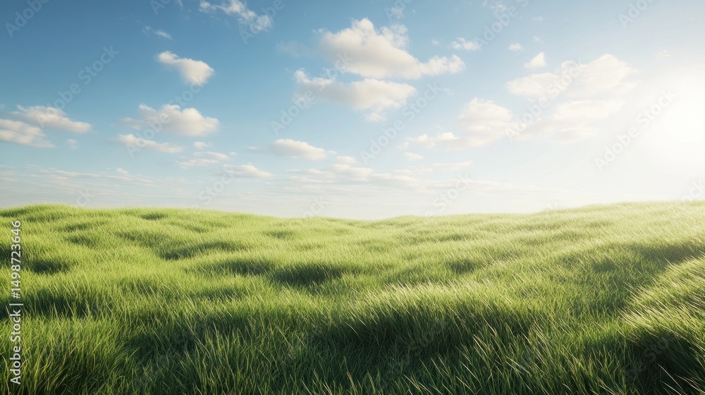 Obraz premium Sunlit grassy hills under a bright blue sky with fluffy clouds