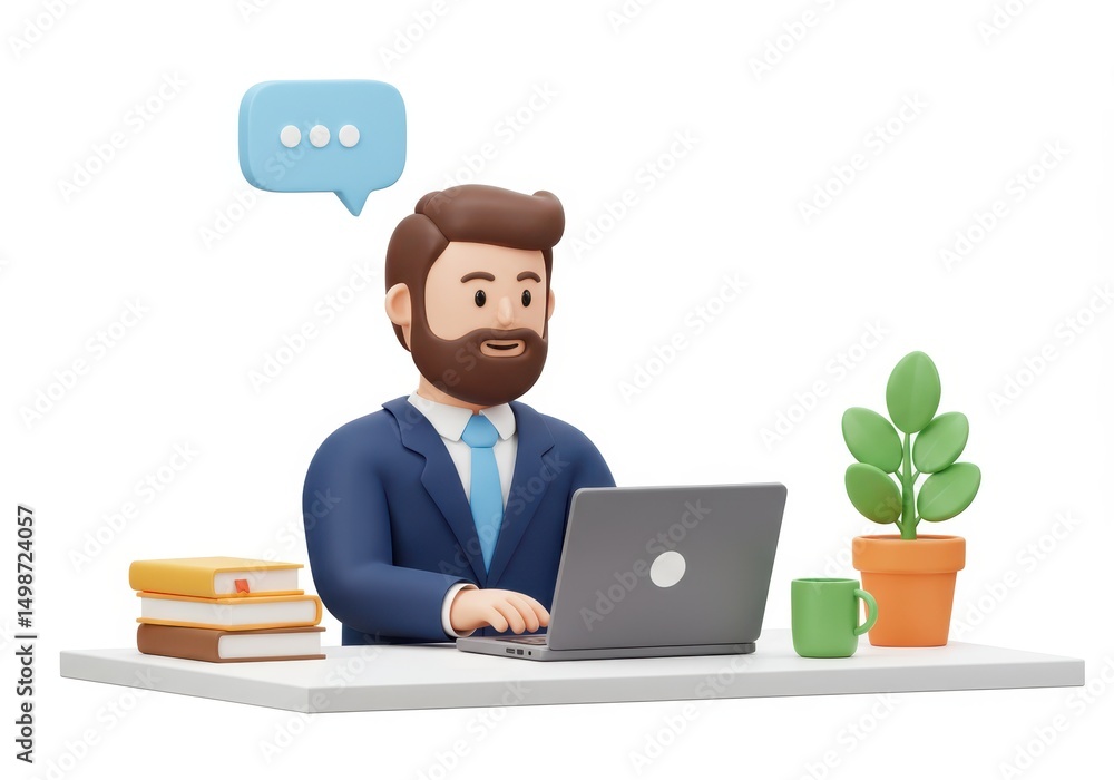 3D Illustration of Cartoon businessman working at his desk with laptop, books, plant and mug isolated on white background 3D Illustration of Cartoon businessman working at his desk with laptop, books, plant and mug isolated on white background