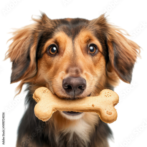 Happy dog holds bone shaped treat in its mouth, showcasing its playful and friendly demeanor. dog expressive eyes and fluffy fur add to joyful atmosphere of image