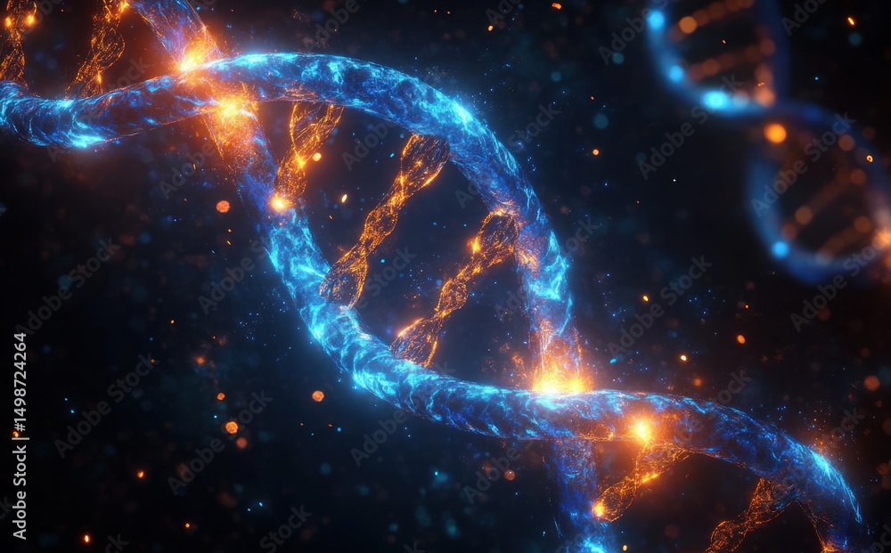 Close-up digital illustration of glowing blue and orange DNA double helix strands floating in a dark, blurry background conveying a sense of advanced science and complexity Close-up digital illustration of glowing blue and orange DNA double helix strands floating in a dark, blurry background conveying a sense of advanced science and complexity