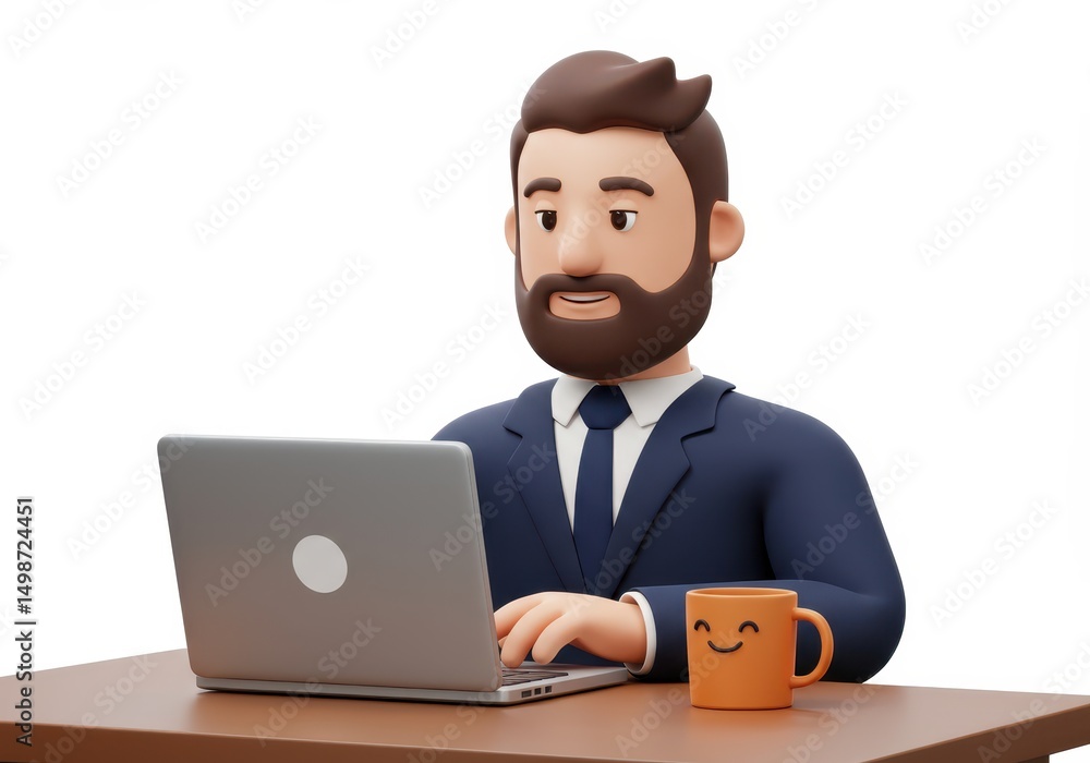 3D Illustration of Cartoon man in a suit working on a laptop with a smiling mug on the desk isolated on white background 3D Illustration of Cartoon man in a suit working on a laptop with a smiling mug on the desk isolated on white background