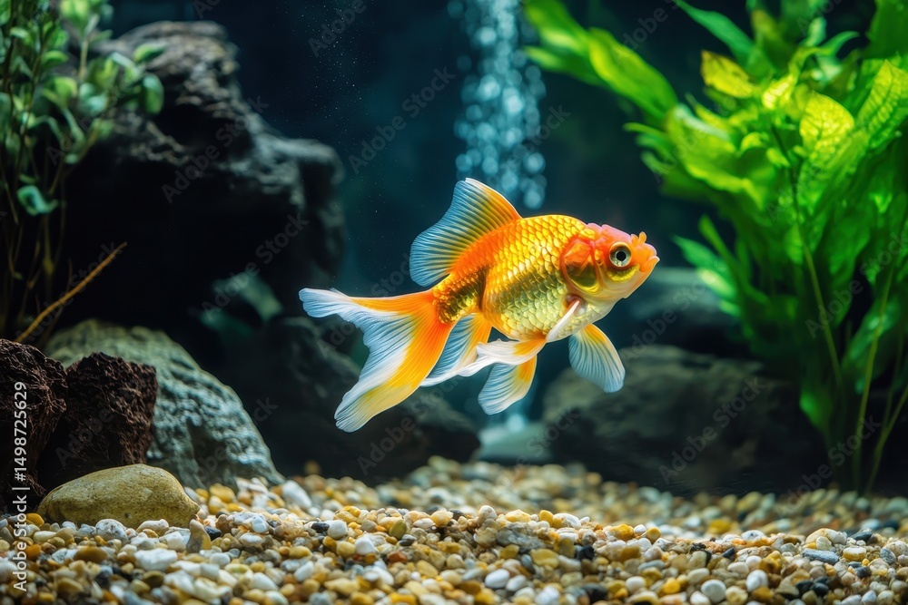 A golden goldfish swims in a freshwater aquarium with plants and rocks. Use this image for decoration or about the importance of nature. A golden goldfish swims in a freshwater aquarium with plants and rocks. Use this image for decoration or about the importance of nature.