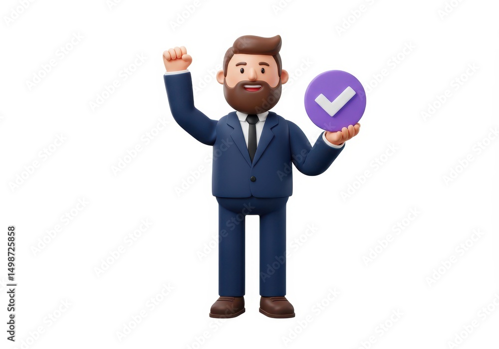 3D Illustration of Cartoon businessman in suit holding purple check mark circle isolated on white background 3D Illustration of Cartoon businessman in suit holding purple check mark circle isolated on white background