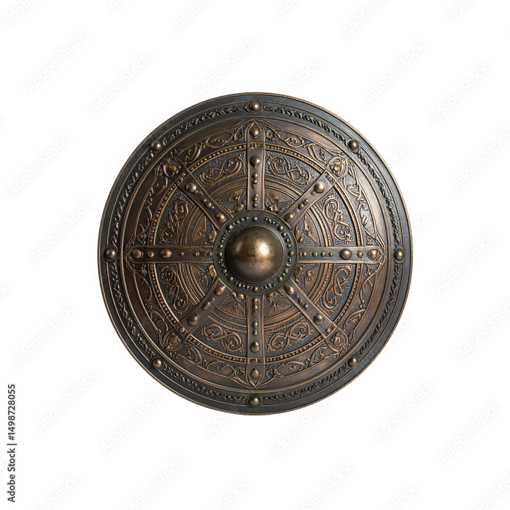 Fototapeta premium Ornate bronze medieval shield isolated on war art dark on transparent background