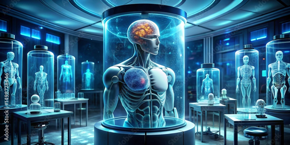 Fototapeta premium A Futuristic Laboratory Showcases Advanced Biomedical Engineering with Transparent Vessels Containing Detailed Anatomical Models of Human Figures in a Sterile Environment