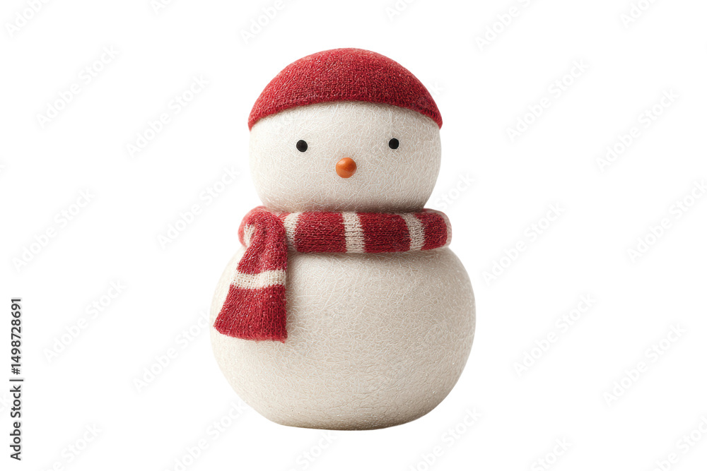 Fototapeta premium Cute snowman with red scarf and hat on black background, cut out