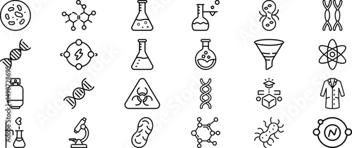 Science and Laboratory Line Icons Set. DNA, Molecule, Microscope, Flask & Lab Equipment

